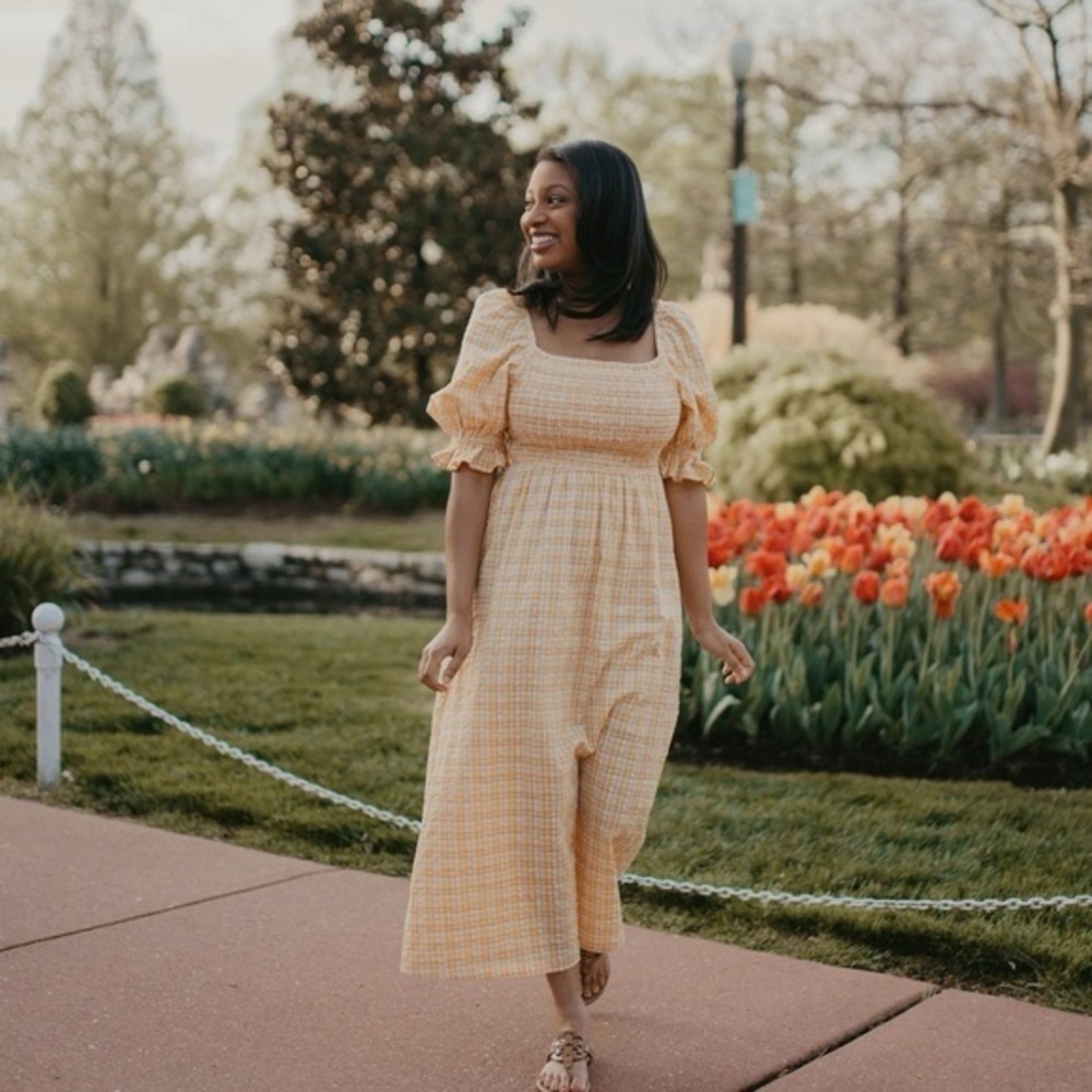 Rahi Sz S Yellow Gingham Puff Sleeves Open Bow Back Midi Dress